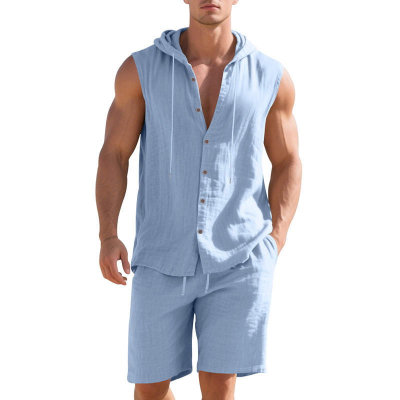 Linen Shorts Men - Men Solid Cotton Linen Hooded Sleeveless
