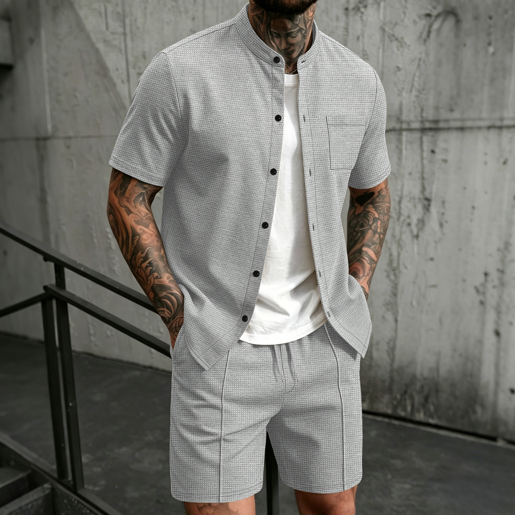 Summer Clothing Outfits - Men's 2 Piece Outfit, Stand Collar