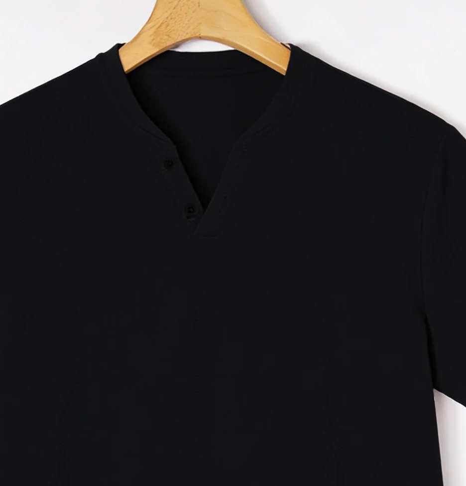 Elegant Black Henley Short-Sle - Linen Shorts Men review and price